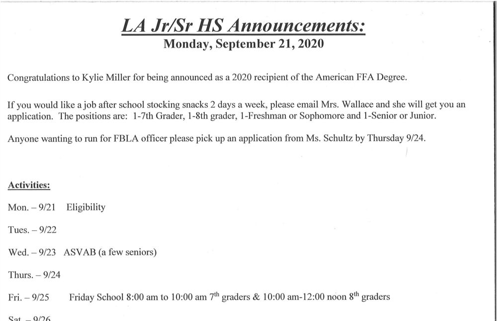 Monday, Sept. 21 Jr/Sr High Announcements