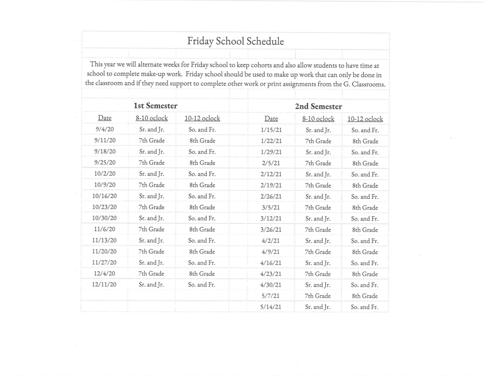 Jr/Sr High Friday School Schedule